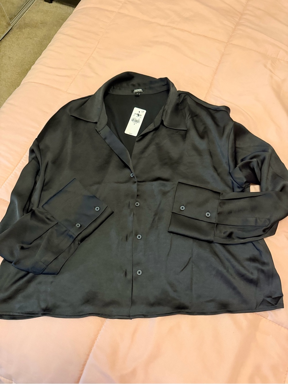 Express Black Satin Button-Up Blouse